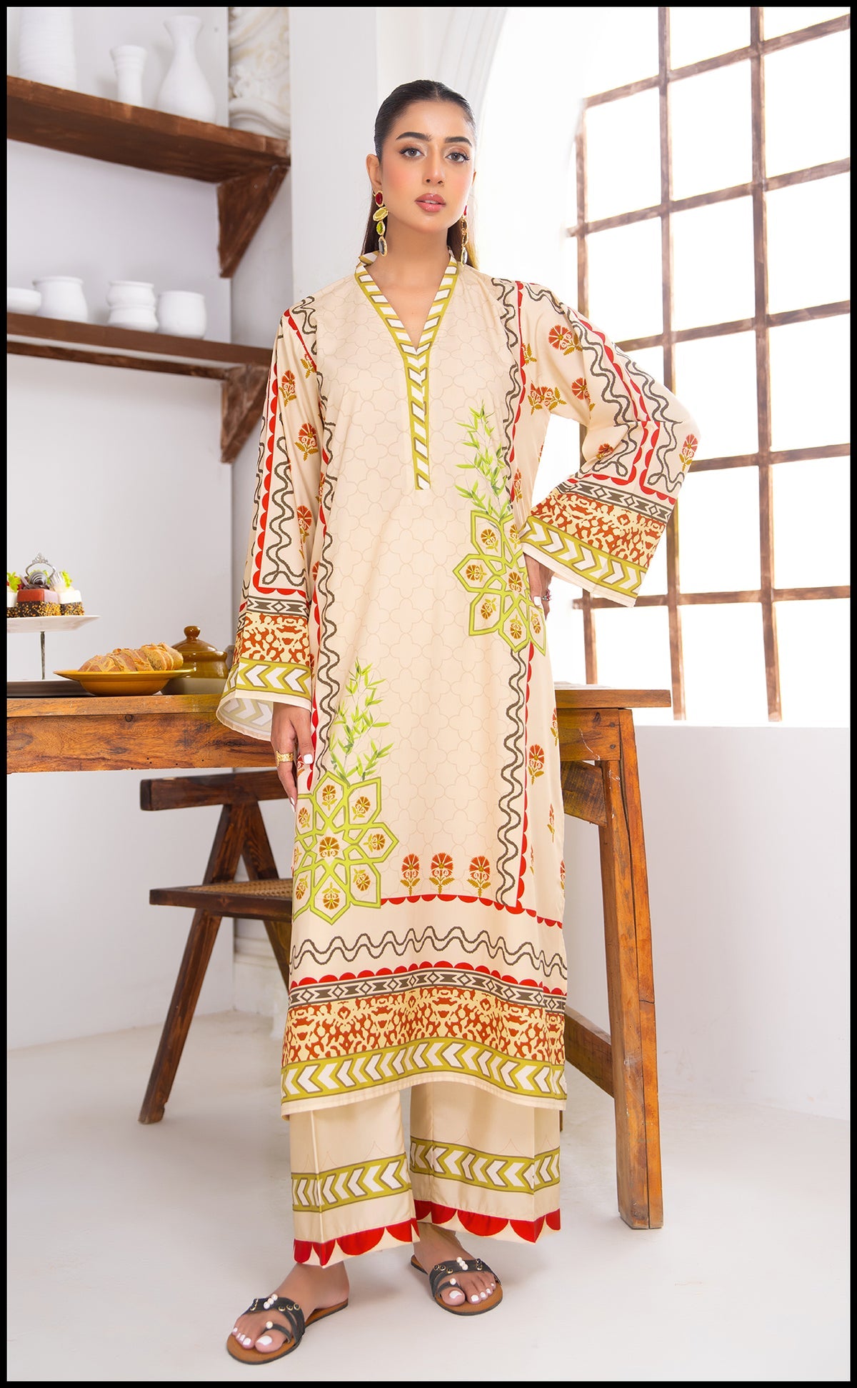 IRAYA - Floral Printed Swiss Cotton 2 Piece Suit – Beige Co-ord Set