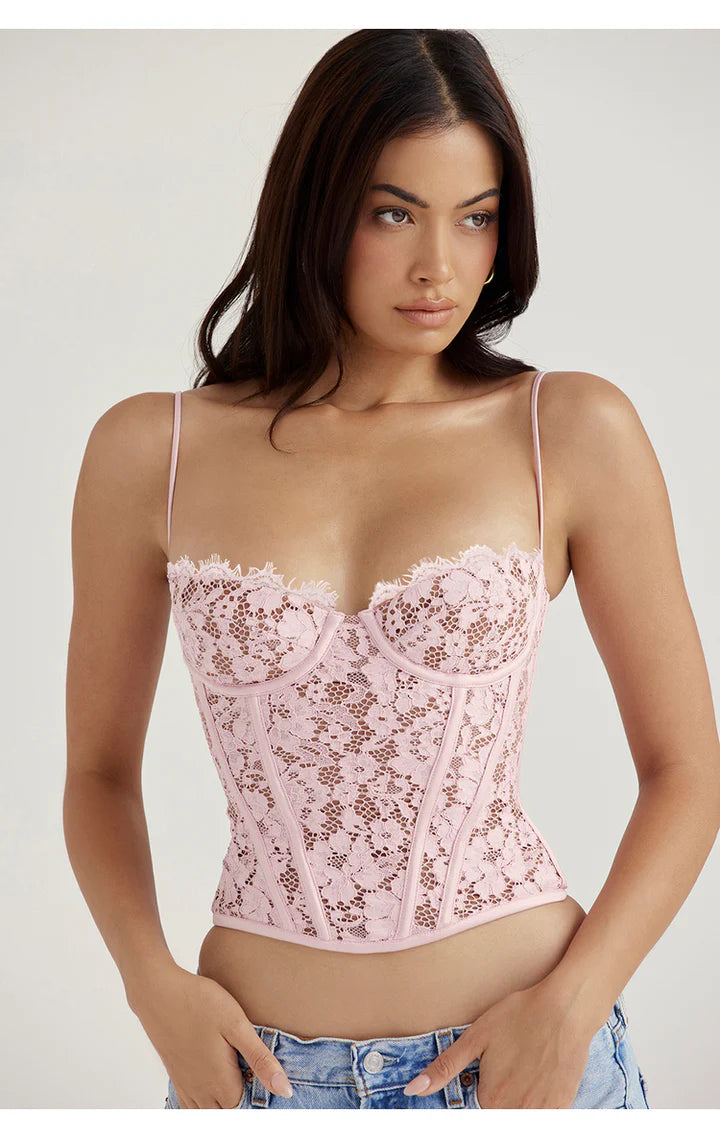 SINFUL STICHES LACE CORSET TOP - PINK