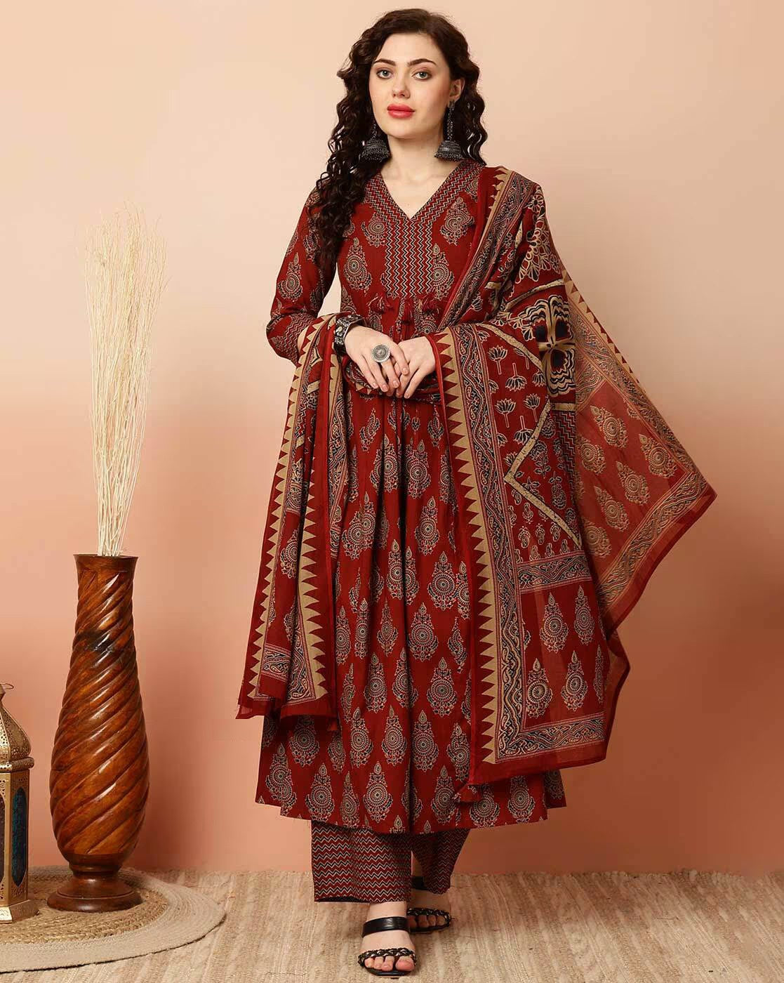 VERMILLION ELEGANCE ANARKALI DUPATTA &amp;amp; BOTTOM SET - VISCOSE &amp;amp; CHANDERI COTTON