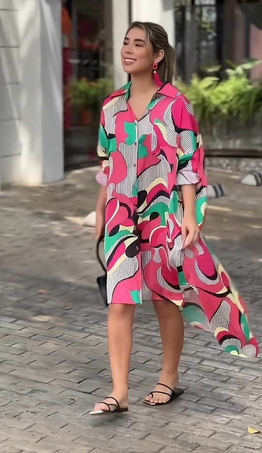 VIBRANT SHIRT MIDI DRESS - PINK