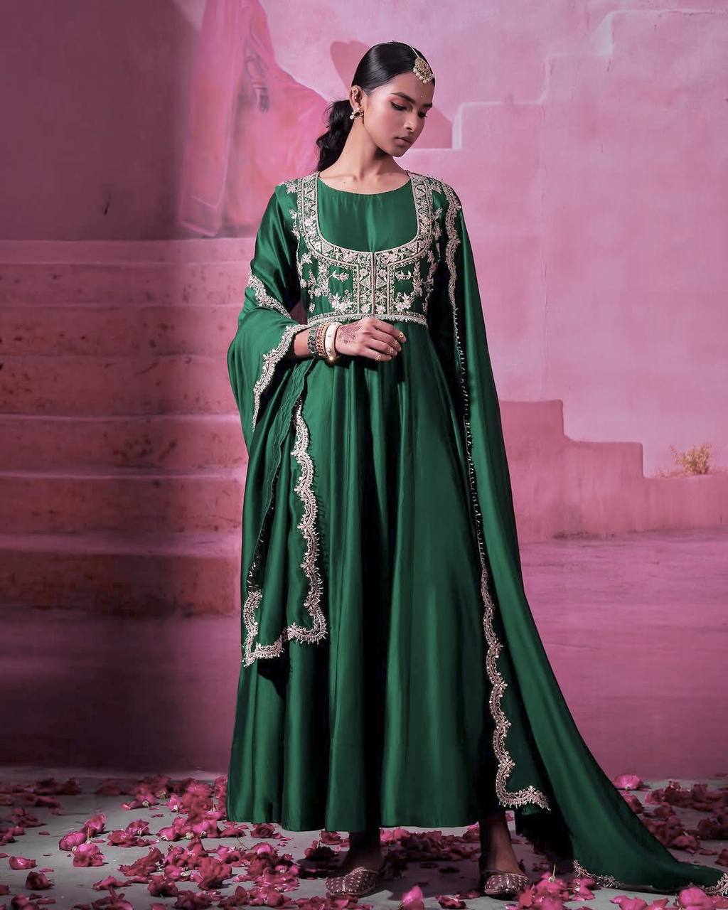 NOORIEN EMBROIDERED CHINON GOWN &amp;amp; WASITCOAT SET