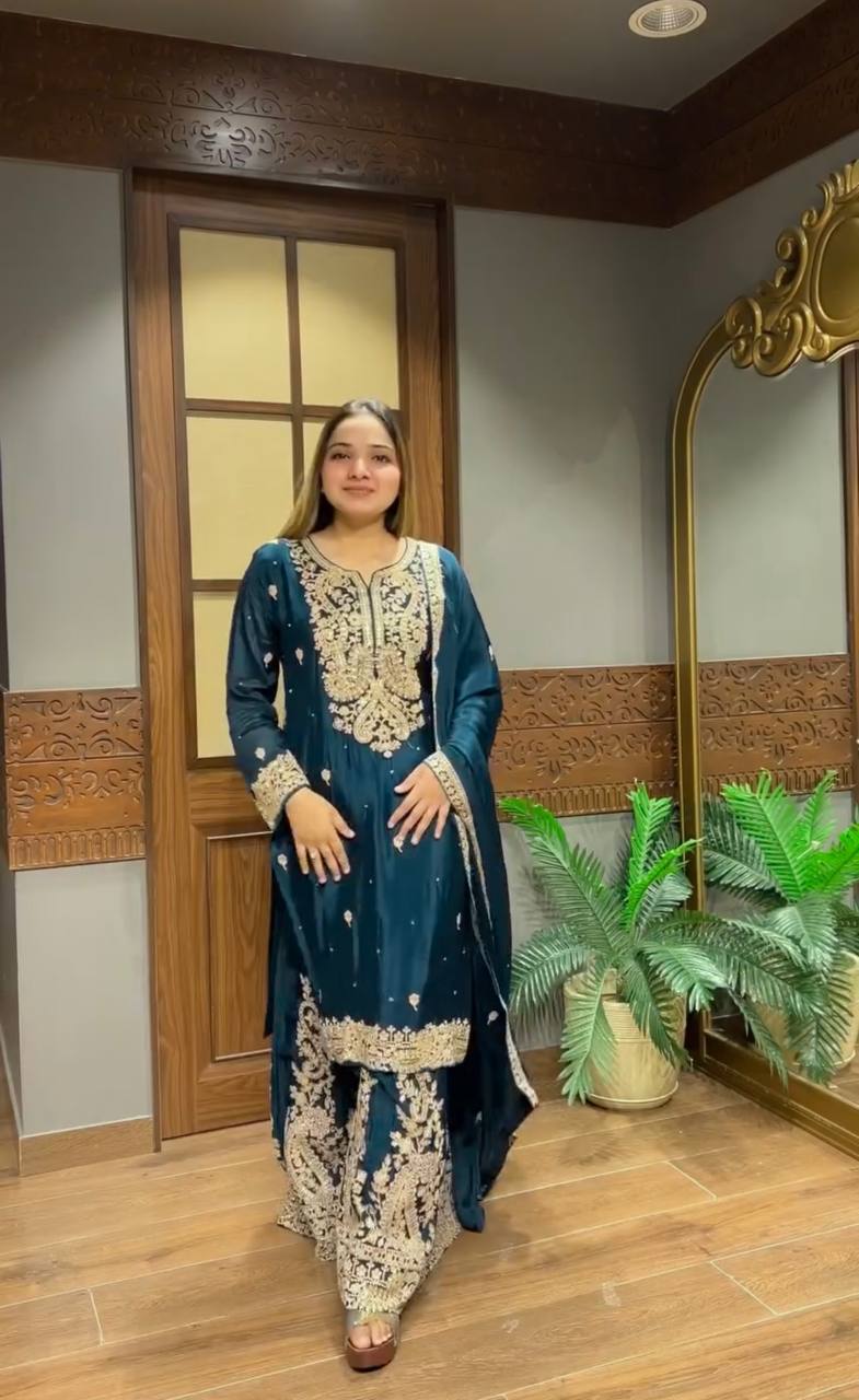 TEAL CHINON PLAZO SET