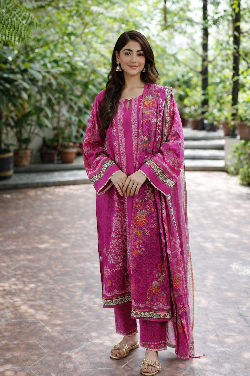 SANJH -  Muslin Magenta 3-Piece Kurta Set with Dupatta for Women