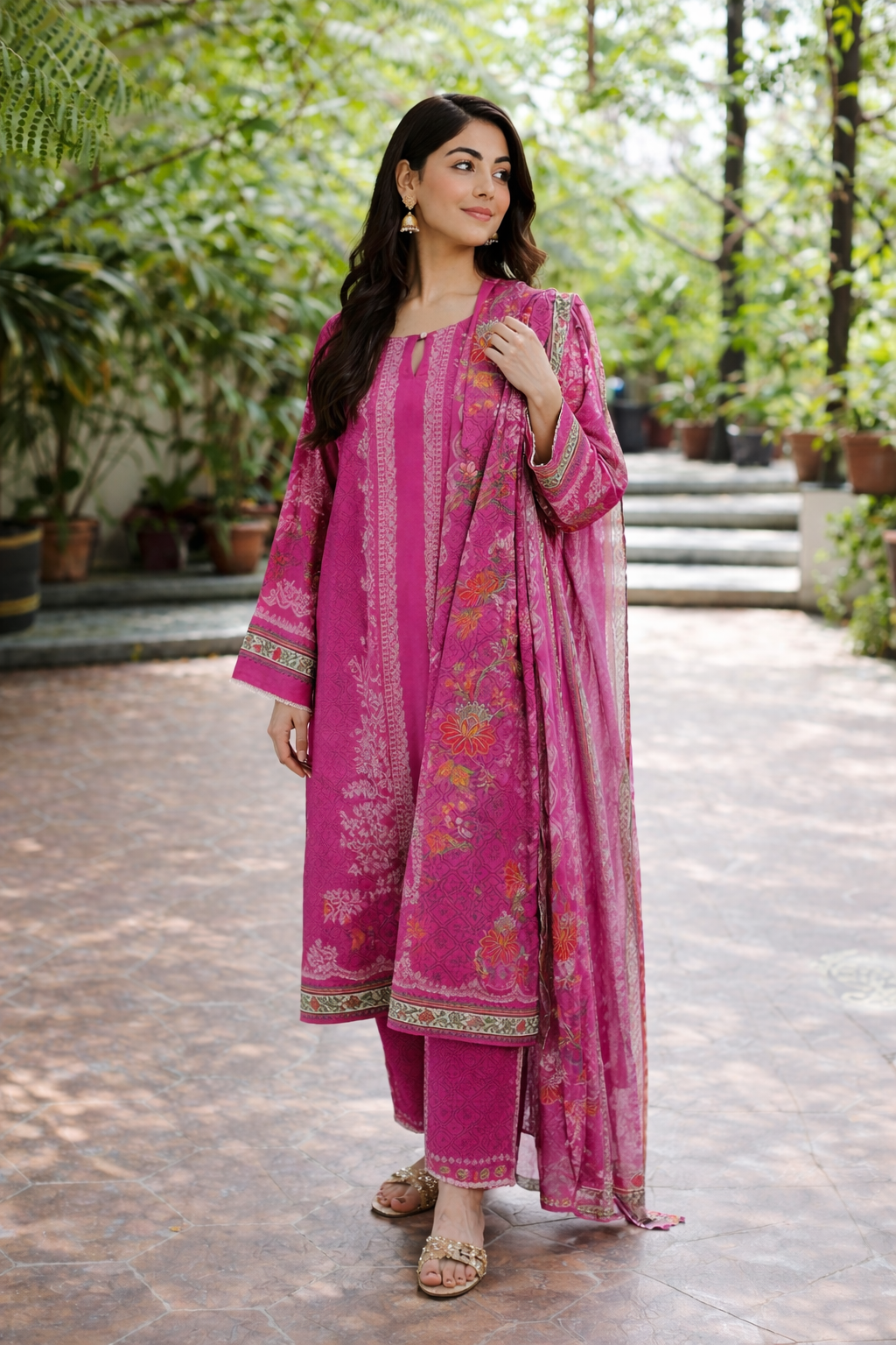 SANJH -  Muslin Magenta 3-Piece Kurta Set with Dupatta for Women