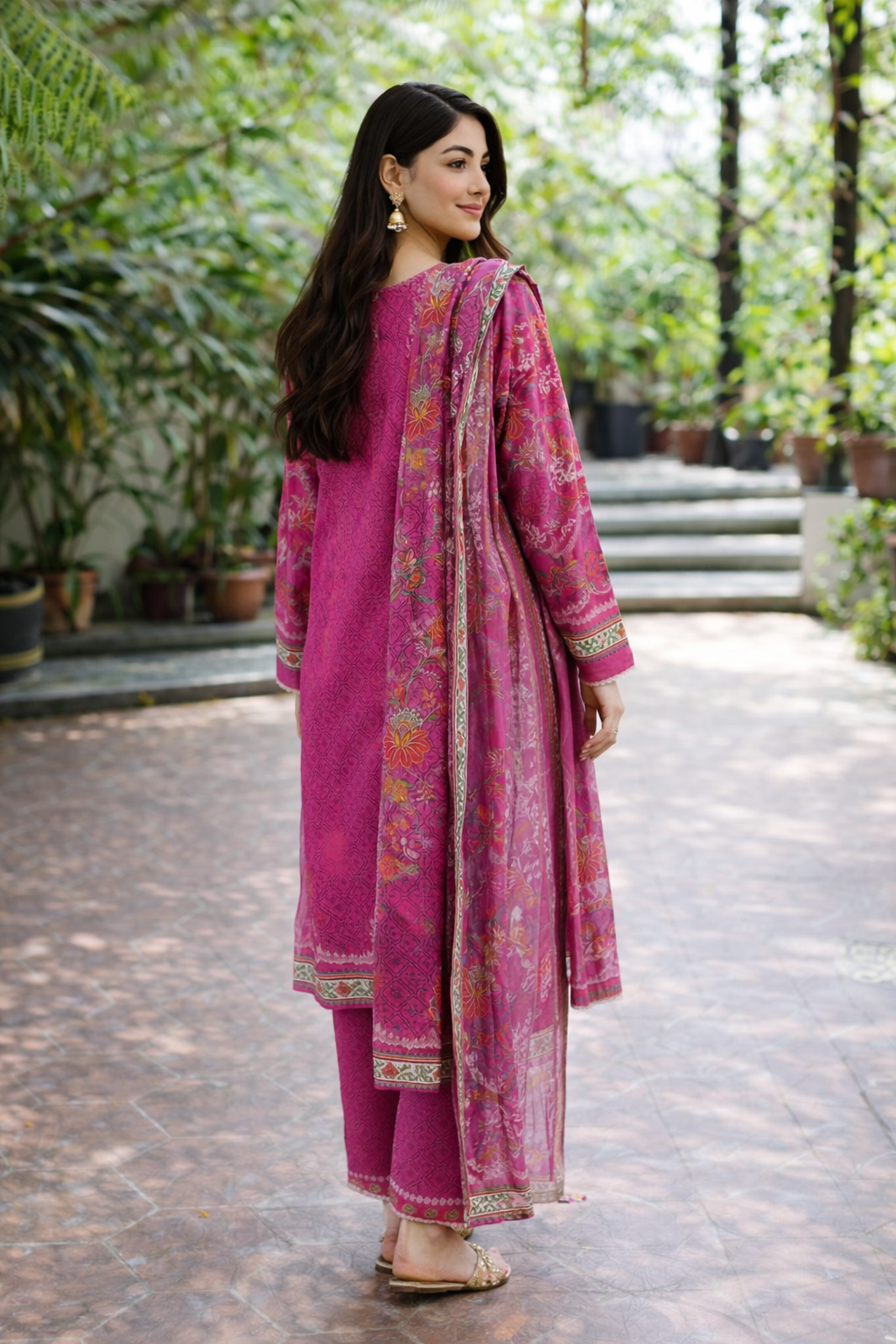 SANJH -  Muslin Magenta 3-Piece Kurta Set with Dupatta for Women