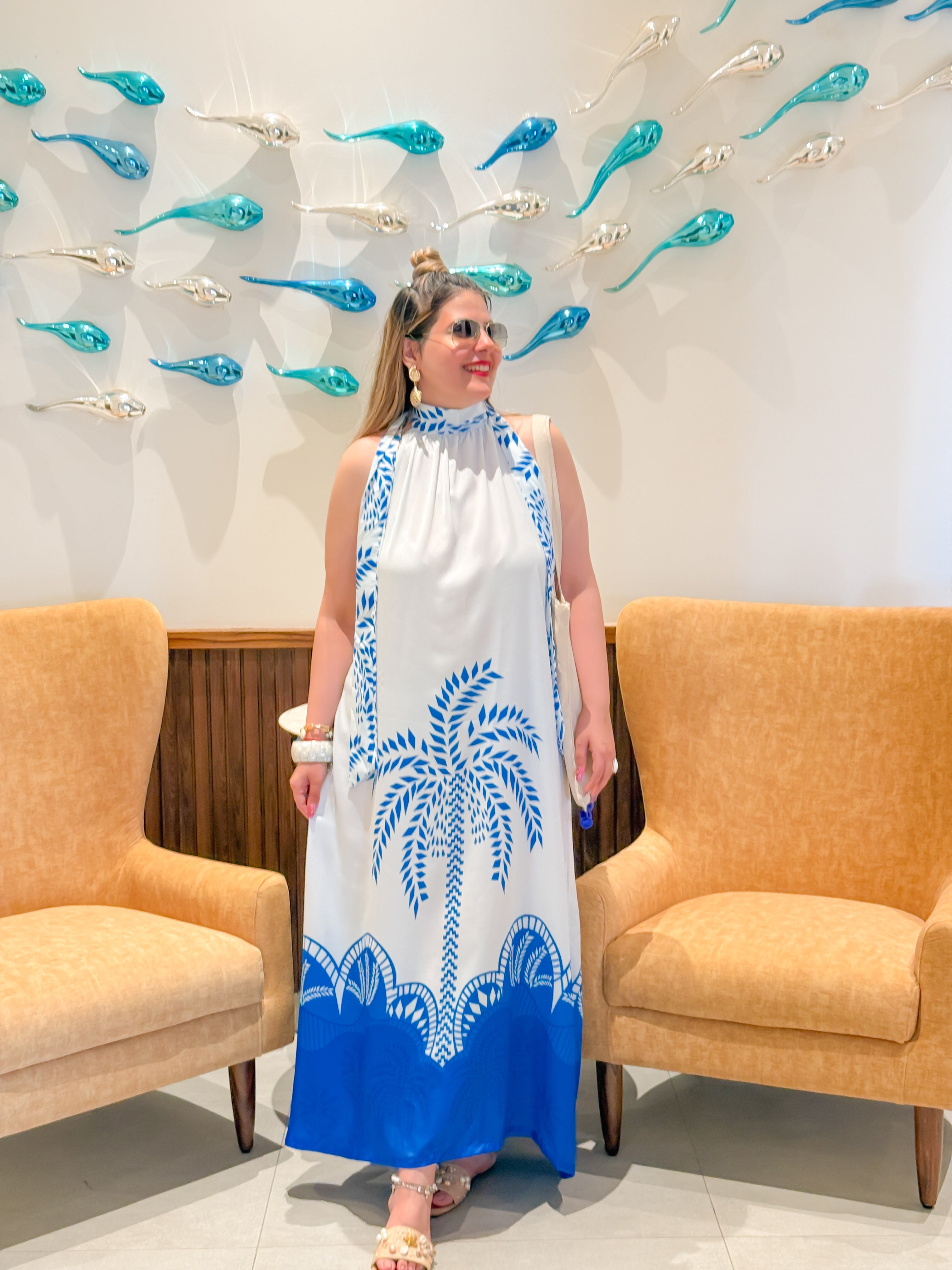 OCEAN VIBES PALM PRINT HALTER MAXI DRESS