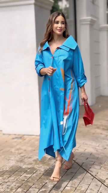 CERULEAN BLUE STATEMENT COLLAR SHIRT DRESS