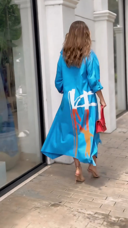 CERULEAN BLUE STATEMENT COLLAR SHIRT DRESS