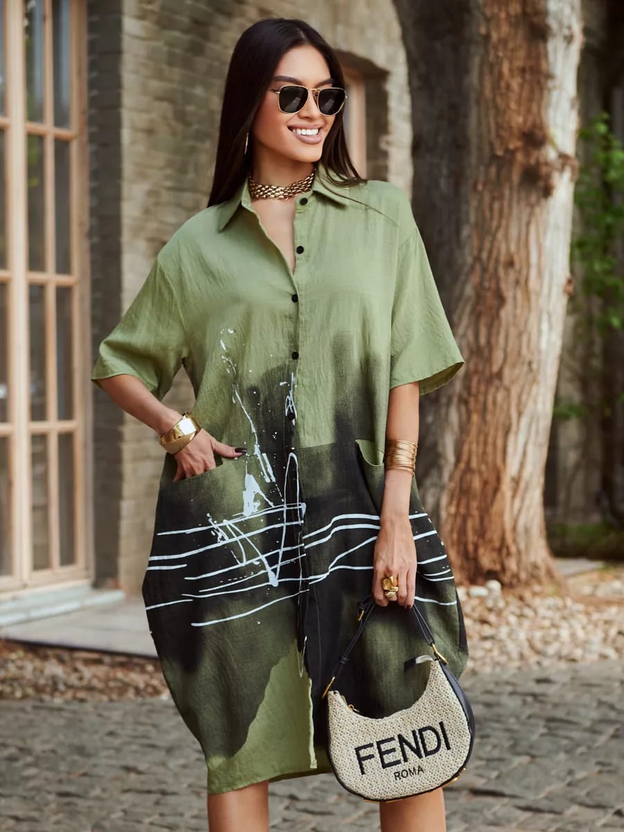 URBAN GRAFFITI SHIRT OVERSIZED DRESS - GREEN