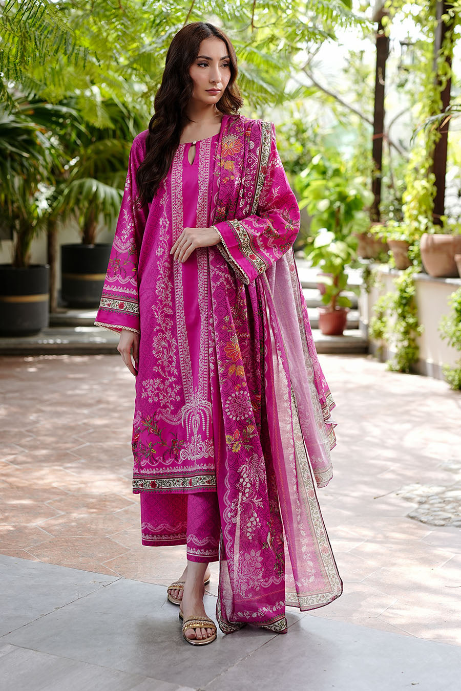 SANJH -  Muslin Magenta 3-Piece Kurta Set with Dupatta for Women