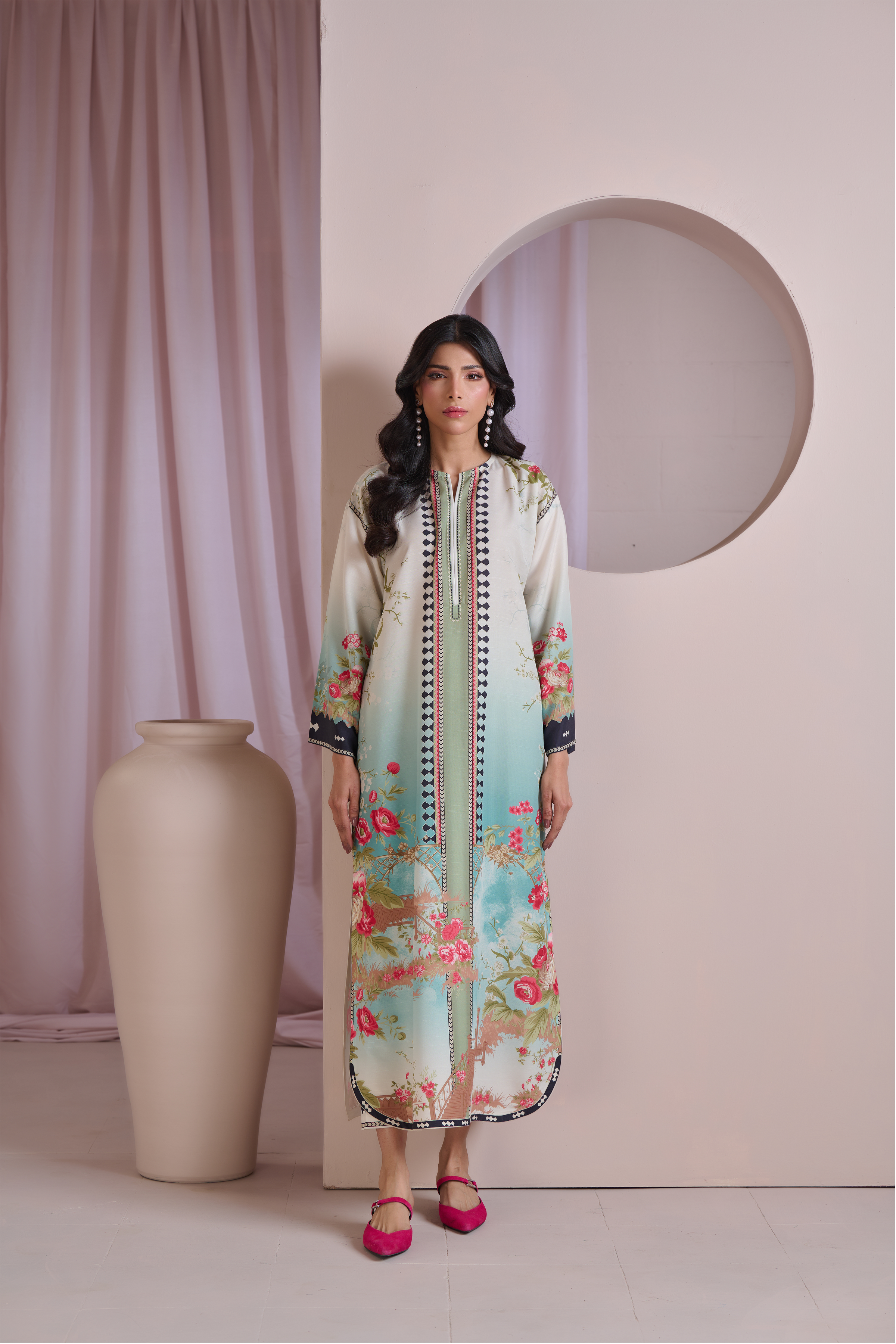 IRAYA - Floral Print 2-Piece Long Kurta Set for Women